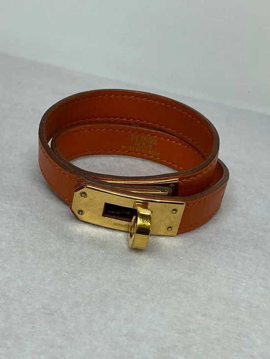 Hermes Kelly Double Tour Leather Bracelet Orange Gold Leather Bracelet - Picture 9 of 13